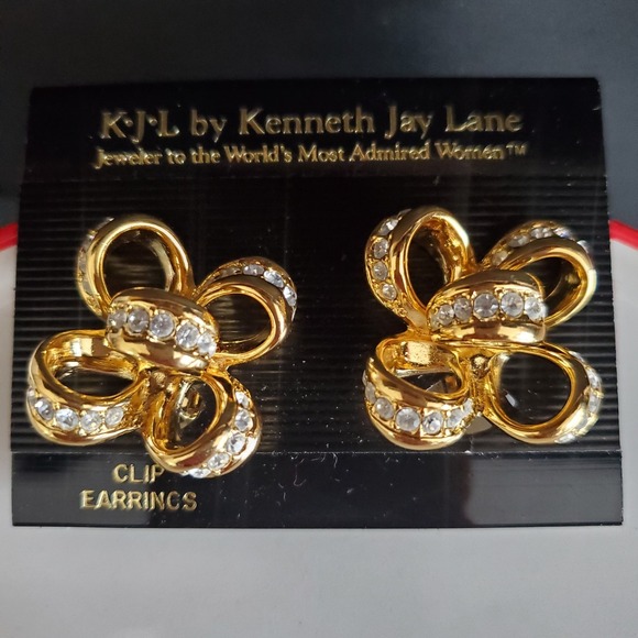 Kenneth J Lane KJL Gold Plated Bow Clip-On Earrings Rhinestone Floral Design - Picture 7 of 7
